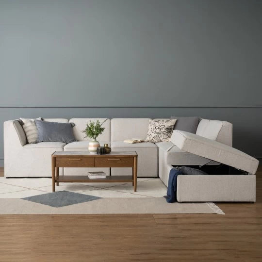 L-Shaped Modular Sofa with Storage Ottoman, Beige