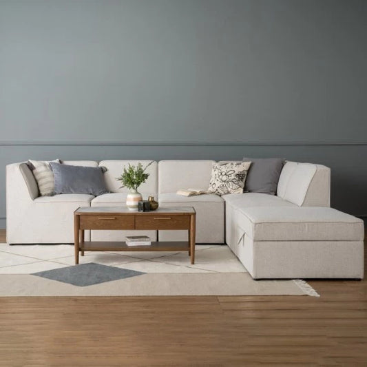 L-Shaped Modular Sofa with Storage Ottoman, Beige